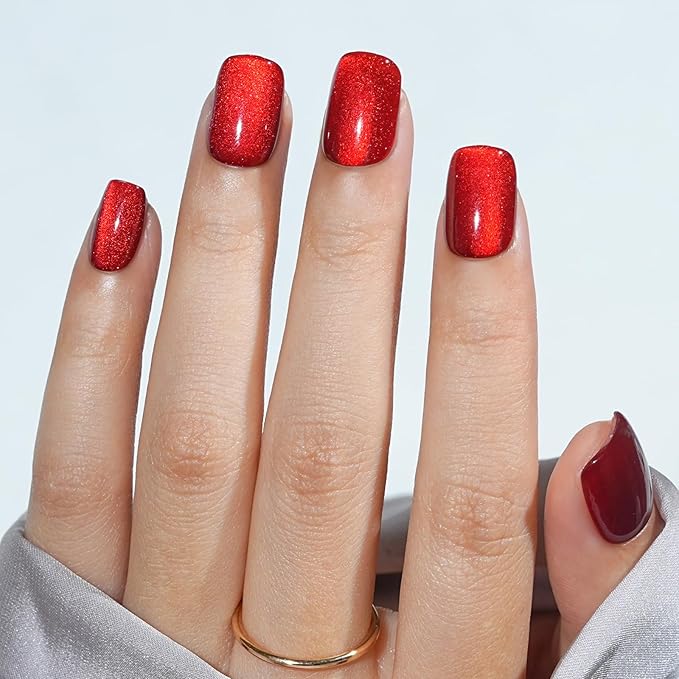 Press On Nails Short - Red Press On Nails Cat Eye Acrylic Square Red Nails with Nail Glue, Fit Perfectly Stick On Nails in 16 Sizes - 32PCS Soft Gel Kit,Crimson Fang
