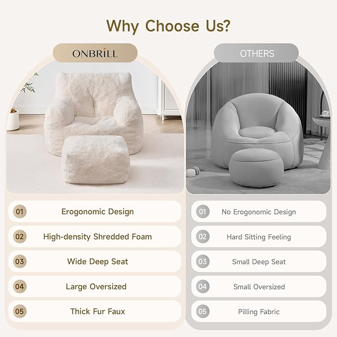 ONBRILL Giant Bean Bag Chairs for Adults with Ottoman, Faux Fur Boneless Chaise Couch Filler with Memory Foam,Large BeanBag Lounge Lazy Floor Sofa Accent Chair for Living Room,Bedroom & Game Rooms