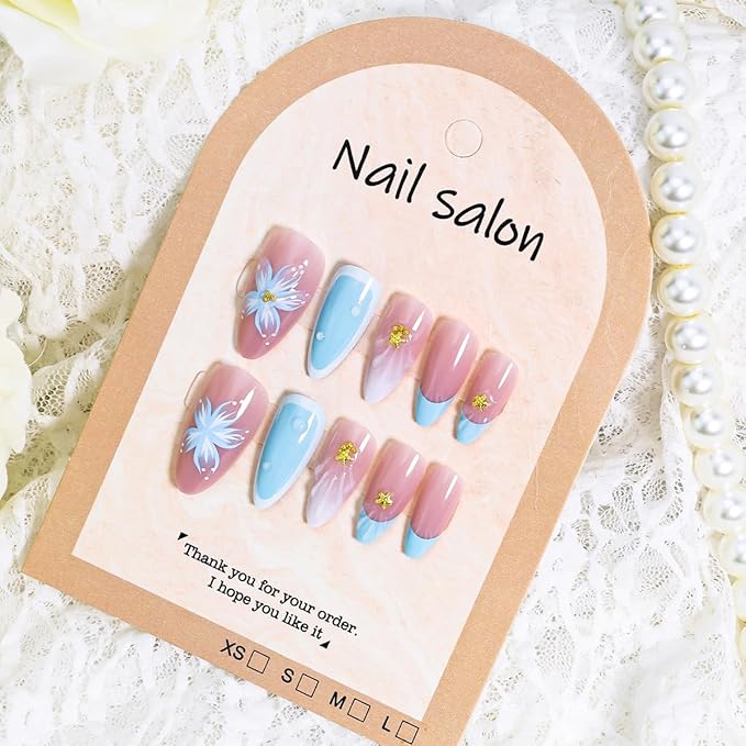 24Pcs Blue Flower Press on Nails Medium Almond French Tip Fake Nails with Gold Starfish Rhinestones Design 3D Ripple False Nails Full Cover Artificial Glue on Nails Summer Stick on Nails for Women DIY