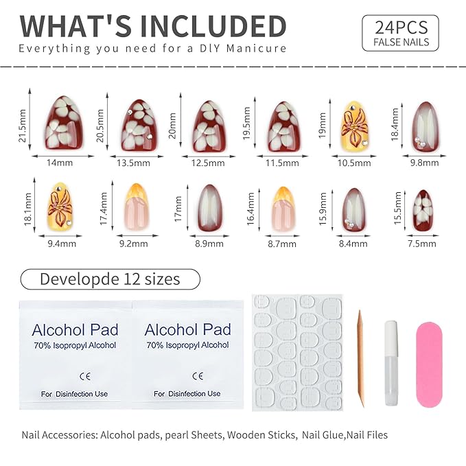 Yellow French Press On Nails Short Almond, Fall Fake Nails Adorned with Yellow and Burgundy Petal Accents, 3D Design, Glossy Gel Finish Acrylic Nails, Reusable Glue On Nails for Women, 24 Pcs