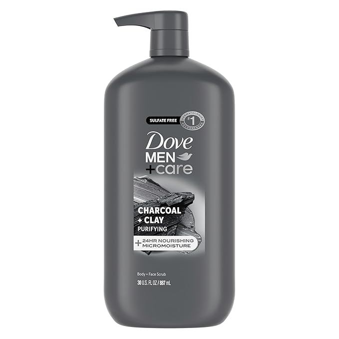 DOVE MEN + CARE Body and Face Scrub Charcoal + Clay Body Wash for Men with 24-Hour Nourishing Micromoisture Technology 30 oz