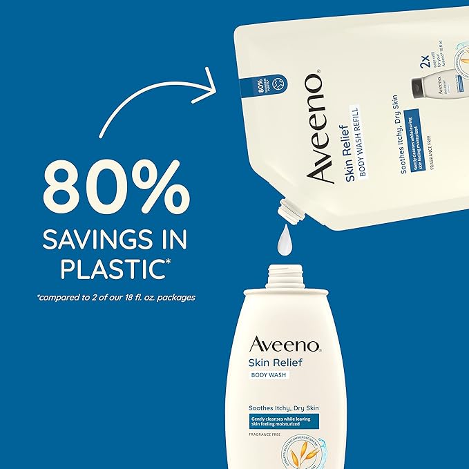 Aveeno Skin Relief Body Wash Fragrance-Free + Triple Oat Formula, Gentle Daily Cleanser for Sensitive Skin Leaves Itchy, Dry Skin Feeling Soothed & Moisturized, Body Wash Refill, 36 fl. oz