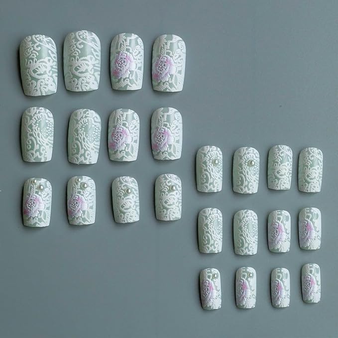 24Pcs White Flower Press on Nails Medium Square Fake Nails with 3D Pearl Design Spring False Nails Full Cover Artificial Glue on Nails Cute Stick on Nails Glitter Nail Supplies for Women DIY Manicure