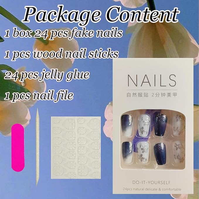 24Pcs Silver Flower Press on Nails Medium Coffin Fake Nails with 3D Embossed Peach Blossom Artificial Acrylic Nails Gradient Blue Marbling Glue on Nails White Glitter Full Cover False Nails Kit