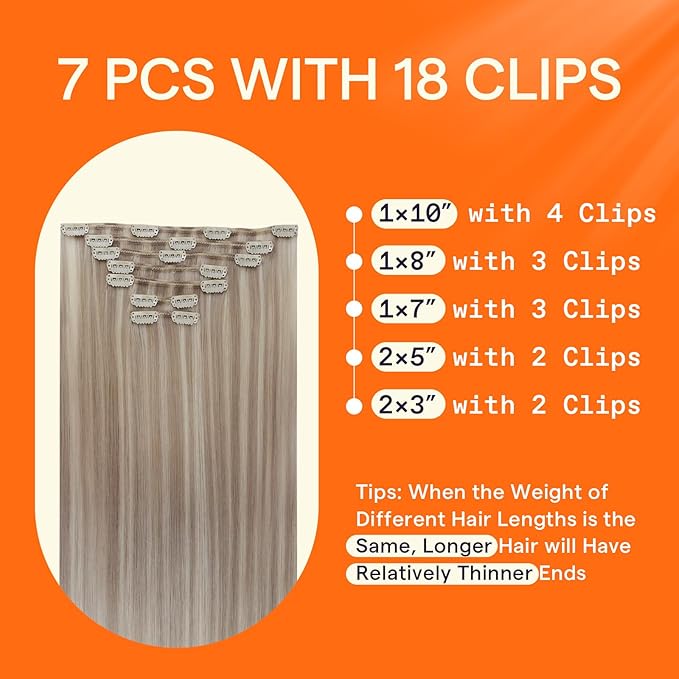 Full Shine Clip in Hair Extensions Real Human Hair Blonde 18 Inch Hair Pieces For Women Highlight Ash Blonde Hair Extensions Clip in 7 Pcs 120 G