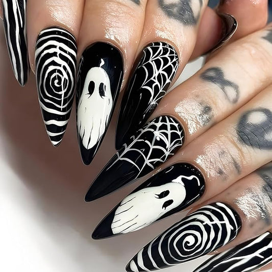 24Pcs Halloween Press on Medium Almond Goth Fake Nails White Ghost with Black Nails Full Cover Glue on Nail Reusable Spider Web False Nails Horror Stick on Nail for Women Acrylic Nail Decorations