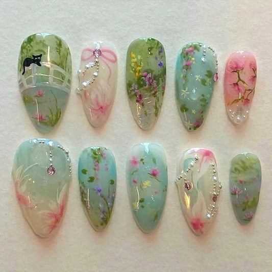 24Pcs Flower Press on Nails Medium Almond Lotus Leaf Fake Nails with Pearl Gems Bow Design Cute Cat False Nails Spring Summer Full Cover Artificial Glue on Nails Handmade Stick on Nails for Women DIY