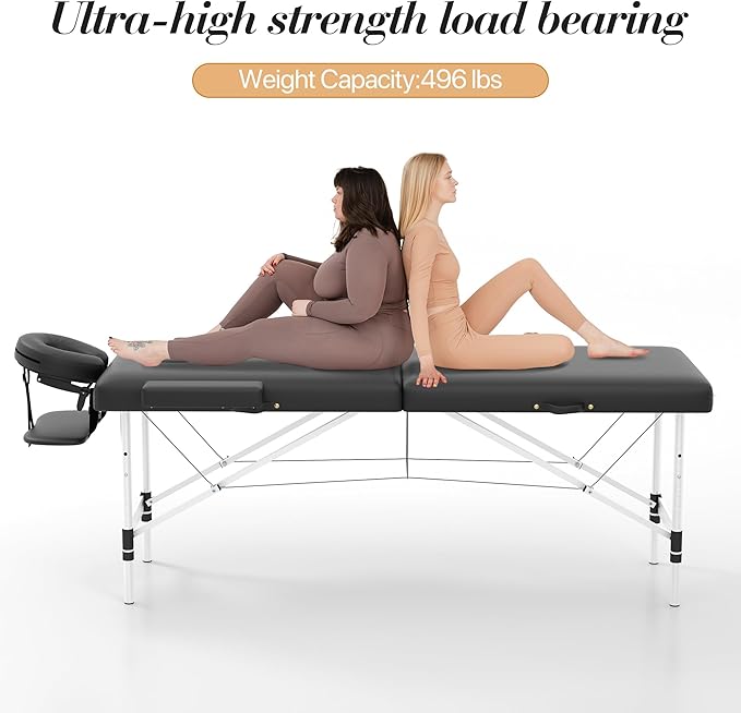 Massage Table Massage Bed, Portable 2 Section Foldable Tattoo Bed, Height Adjustable Lash Spa Bed with Face Cradle, Home Light Weight Facial Salon Bed with Aluminum Frame, Black