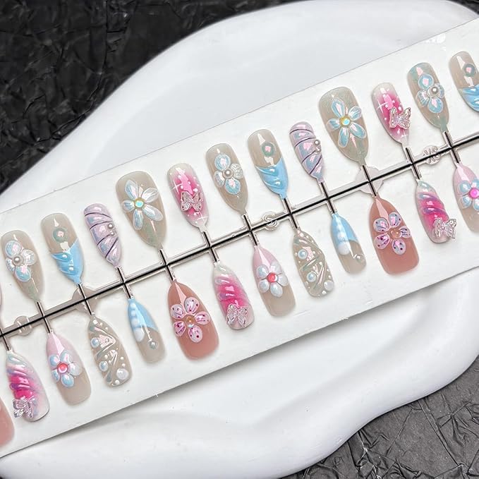 Handmade Press on Nails Almond Fake Nails with 3D Flower Designs Pearls Butterfly Charms French Tip False Nail Aurora Medium Acrylic Stick on Nails Full Cover Embossed Flower Nails for Women,30pcs