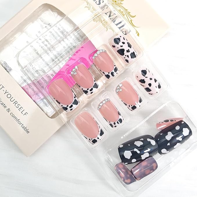 24Pcs Cow Press on Nails Short Square French Tip Fake Nails with Glitter Rhinestones Design Black White False Nails Full Cover Glue on Nails Glossy Leopard Cute Stick on Nails for Women DIY Acrylic