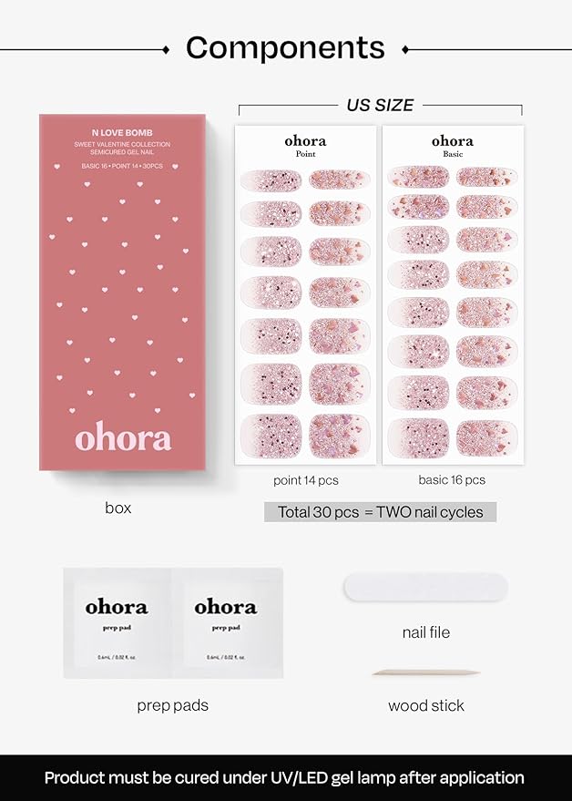 ohora Semi Cured Gel Nail Strips (N Love Bomb) - Pink, Glitter, Works with Any UV/LED Lamps, Salon-Quality, Long Lasting, Easy to Apply & Remove - Includes 2 Prep Pads, Nail File & Wooden Stick