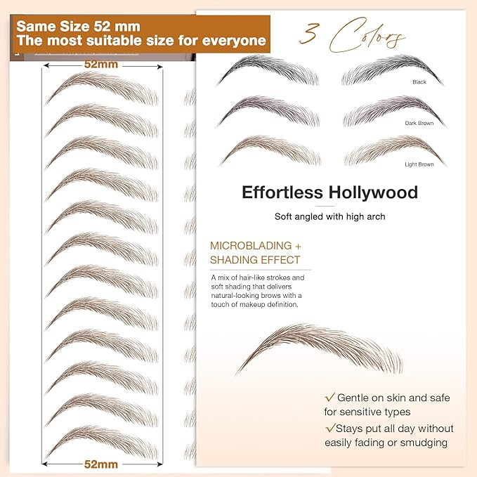 20 Sheets 240 Pairs Eyebrow Tattoo Sticker Waterproof 4D Hair-Like Natural Fake Tattoo Eyebrows Transfers Stickers Peel Off Brows Grooming Shaping Sticker in Effortless Hollywood,Light Brown