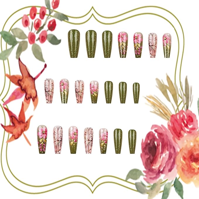 Pink Flower Press on Nails Medium Length Ballet Shaped Spring Summer Green French False Nail Press Ons with Design Pearl Stick on Nails Full Cover Artificial Acrylic Nail for Women Manicure Decoration