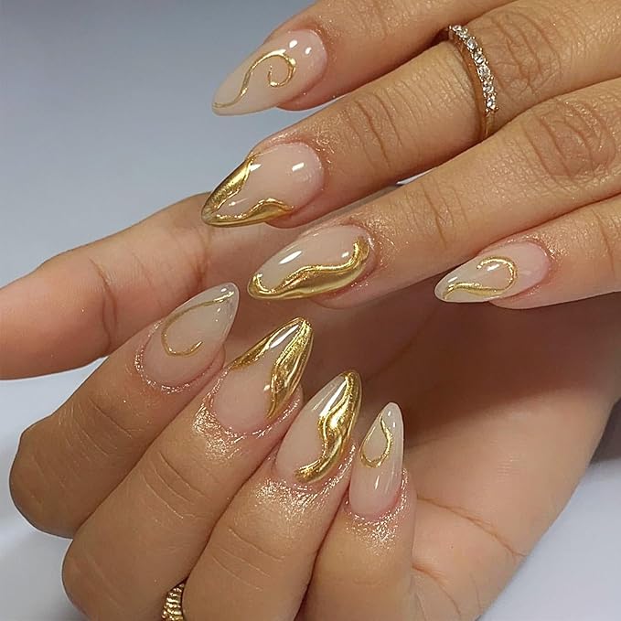 3D Gold Curve Line Press on Nails 24Pcs Irregular Lines Gel Glue on Fingernails Acrylic Full Cover Fake Nails Glossy French Tips Stick on Nail Vine Medium Almond False Nail for Holiday Manicure Art