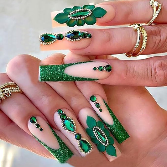 Long Press on Nails Square Green French Tip Nails Press ons with Glitter Rhinestones Flower Design Pearl Fake Nails Extre Long Acrylic False Nails Glossy Glue on Nails for Girls 24Pcs