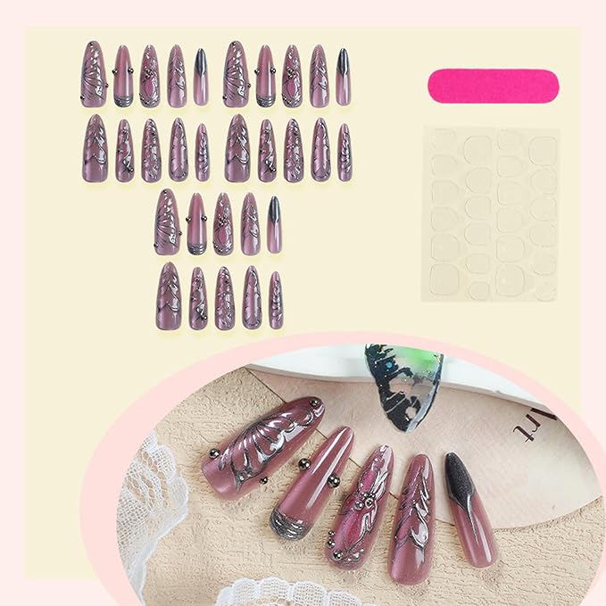 30pcs Handmade Press on Nails Long Pointed Gothic Punk Metal Silver Irregular Lines Fake Nail Tips Y2k Flowers Butterflies Almond Acrylic False Nails Irregular Goth Artificial Nail for Women