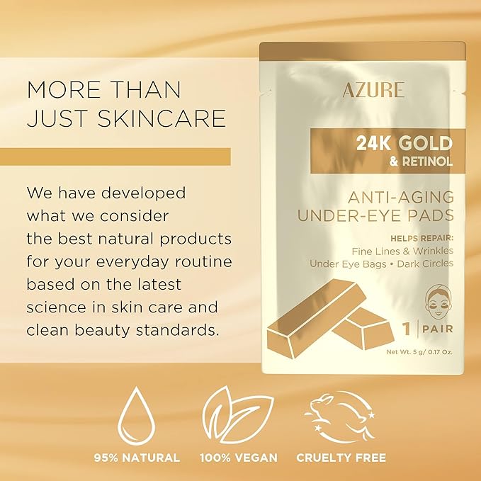 Azure Cosmetics 24K Gold & Retinol Anti Aging Under Eye Patches - Nourishing, Smoothing Hydrating Eye Mask - Reduces Fine Lines, Wrinkles, Dark Circles & Puffiness - Made in Korea - 5 Pairs
