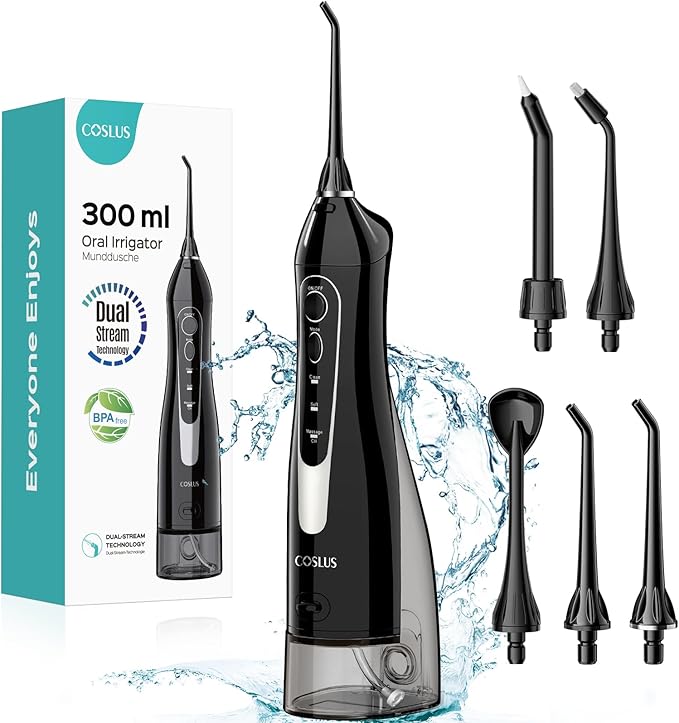 COSLUS Water Dental Flosser Teeth Pick: Portable Cordless Oral Irrigator 300ML Rechargeable Travel Irrigation Cleaner IPX7 Waterproof Electric Flossing Machine for Teeth Cleaning C20(F5020E)