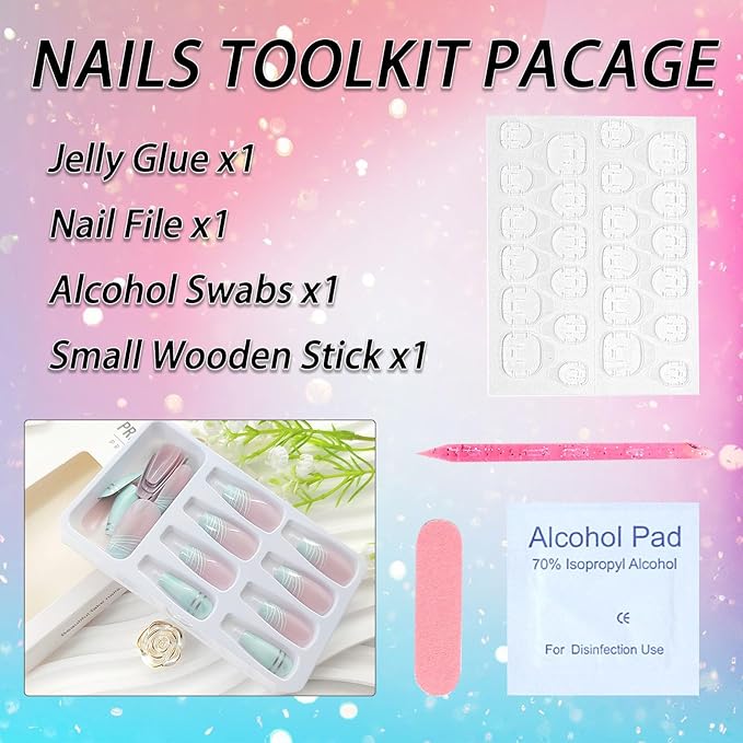 Press on Nails Coffin Medium Length Fake Nails Press ons Green French Tip Acrylic Nails White Silver Lines Glue on Nails Light Pink Full Cover Stick on Nails Artificial False Nails for Girls 24Pcs