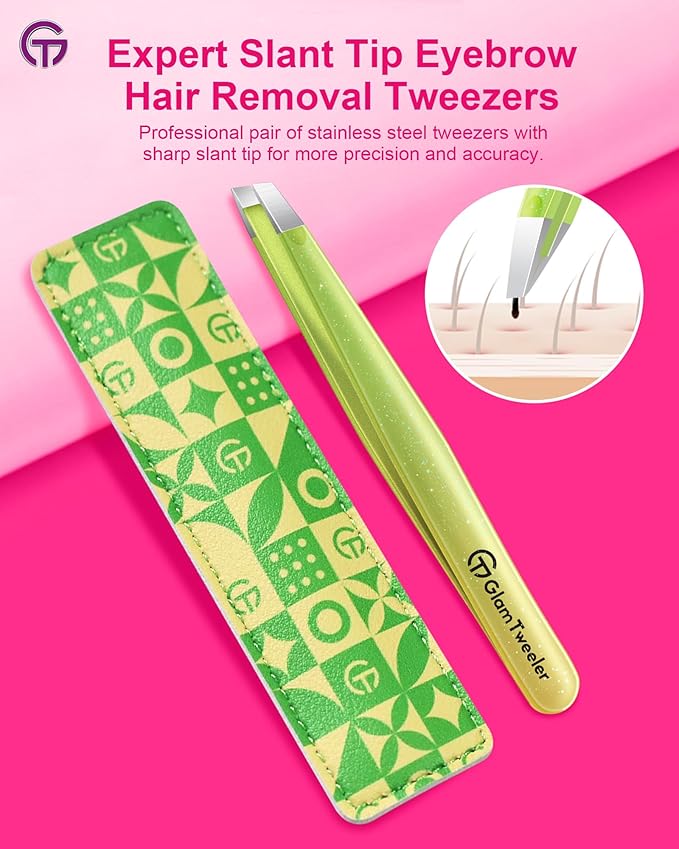 Expert Eyebrow Hair Removal Tweezer with Leather Case, GlamTweeler High Precision Slant Tip Stainless Steel Tweezers for Men and Women (Sparkle Apple Green & Yellow)