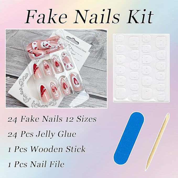24Pcs Cute Strawberry Press on Nails Medium Almond Fake Nails with 3D Pearl Designs Stick on Nails Bow False Nails Summer Acrylic Nails Sweet Lace Glue on Nails for Women Nail Decoration Supplies