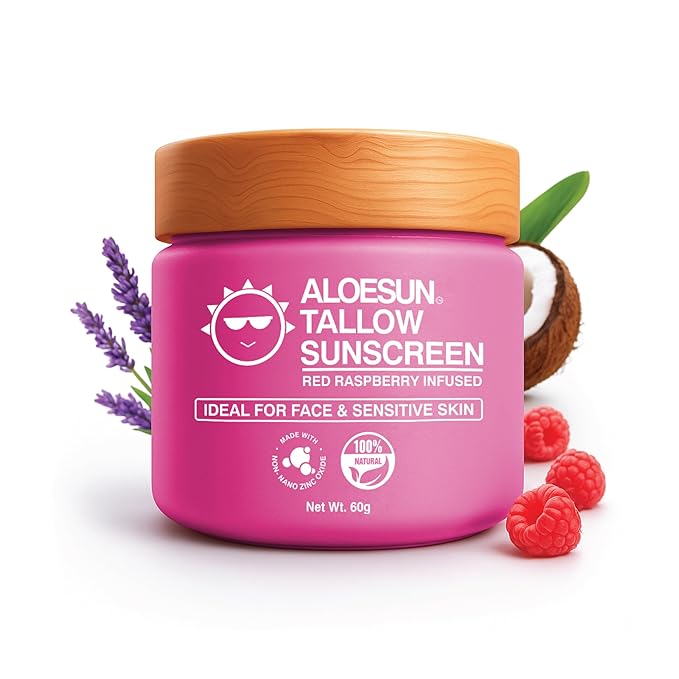 ALOESUN Organic Beef Tallow Sunscreen - Natural Sunblock Lotion for Face and Body with Non Nano Zinc Oxide Mineral Protection - Reef Safe Travel Size Tallow Moisturizer for Adult and Baby - 2.12 Oz