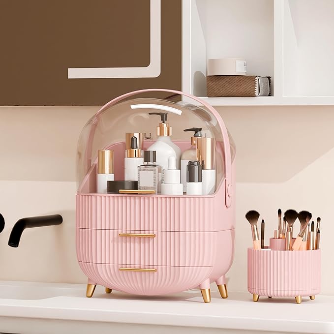 Makeup Organizers and Storage Make up Organizer for Vanity Cosmetics Skincare With Lid and Drawers Display Cases for Countertop Bathroom Women Teenager Girl Gifts(Pink+Brush Holder)