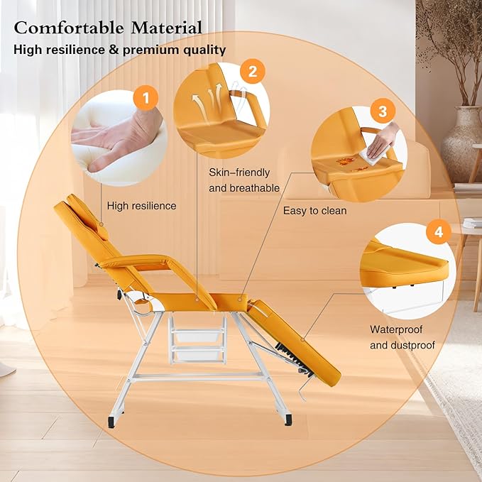 Facial Chair Massage Table 73in 3-Section Multipurpose Massage Bed Professional Tattoo Chair Salon Spa Equipment for Facial Spa Beauty Spa Salon Equipment-Orange