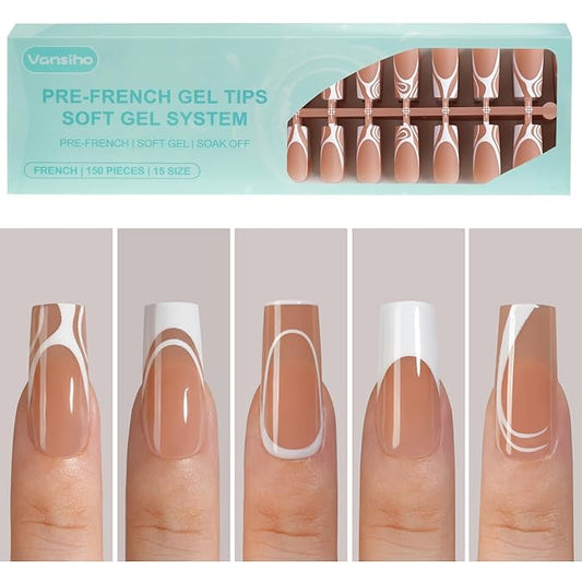 150Pcs French Gel Nail tips - Vansiho French Tip Press on Nails, Long Square Nail Tips, 5 Styles Swirl Nail Tips, Soft Gel Nails False Nail for Nail Art DIY 15 Sizes