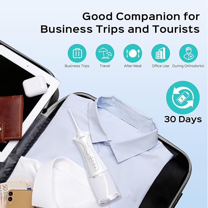 COSLUS Water Dental Flosser Pick for Teeth: 4 Modes Cordless Portable 300ML Larger Tank Water Teeth Cleaner IPX7 Waterproof Flossing Cleaning Picks for Home Travel White C30(FC5360)