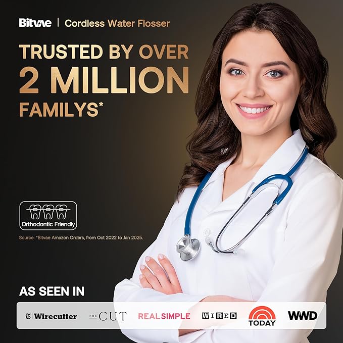 Bitvae Water Dental Flosser Teeth Pick, Cordless Flosser for Travel with 6 Jet Tips, 3 Modes 5 intensities, IPX7 Waterproof Portable & Rechargeable Oral Irrigator Cleaner, White