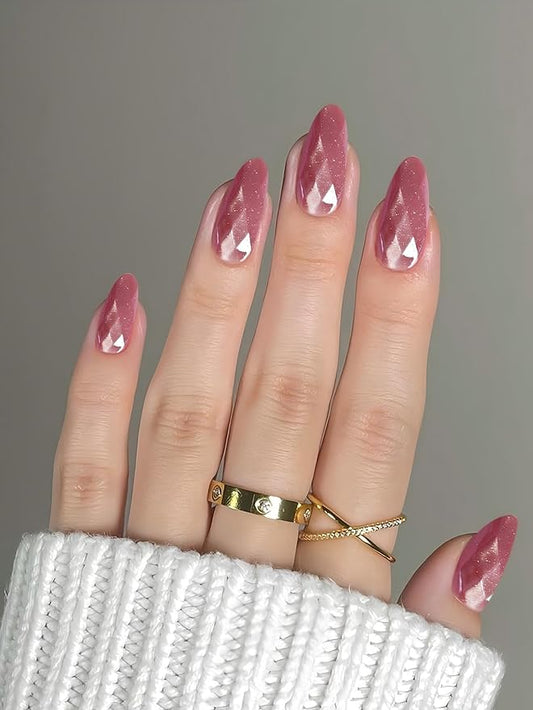 Medium Press on Nails Almond Diamond Fake Nails Elegant False Nail Pink Stick on Nails for Women 24pcs