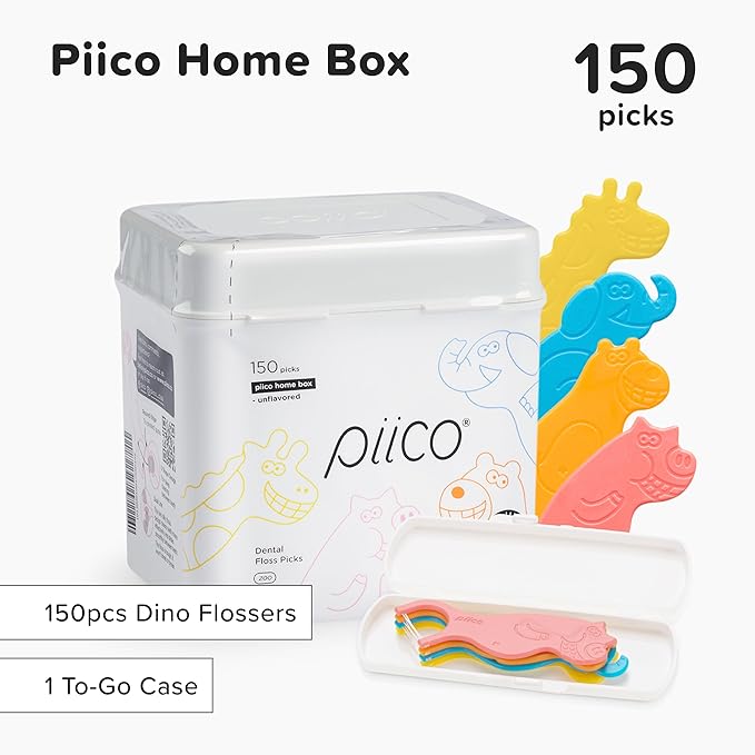 Piico Unflavored Kids Floss - No Fluoride Dual Line Dental Floss Picks - Fun Oral Care in Colorful Floss Sticks Design - Kids Flossers Prevent Tooth Decay & Gum Disease - 150 Homebox Zoo & Travel Case