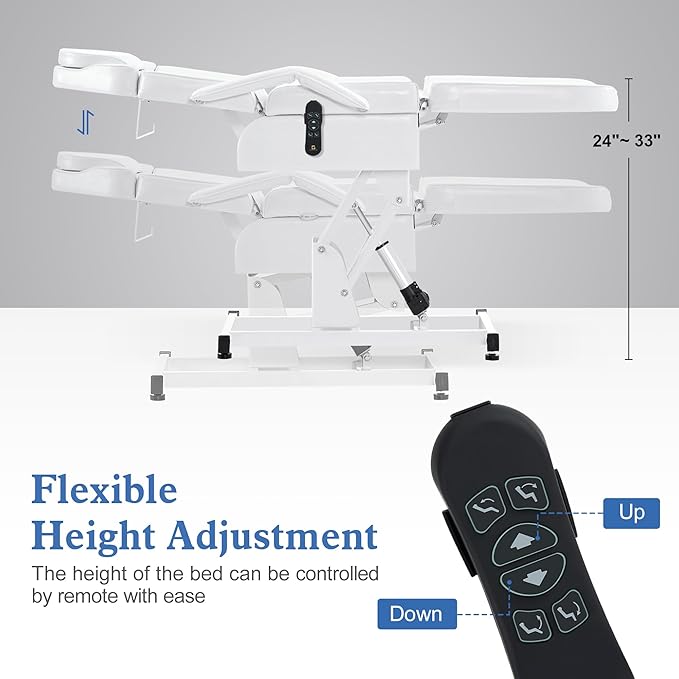 BarberPub Fully Electric Facial Bed with 3 Motor for Esthetician, Electric Tattoo Chair for Client, Facial Bed for Esthetician, Electric Adjustment 2751 (White, Height (Flat): 24"–33")