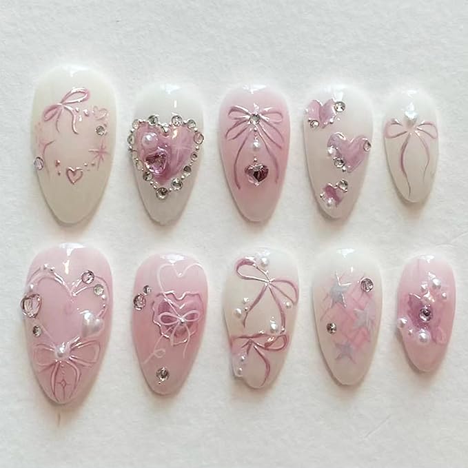 Pink Press on Nails Medium Almond Fake Nails with 3D Heart Pearl Rhinestones Designs White Gradient Bow Silver Star Stick on Nails Flower Charms Full Cover Glue on Nails for Women Girls 24Pcs