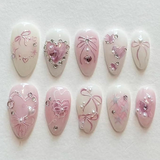 Pink Press on Nails Medium Almond Fake Nails with 3D Heart Pearl Rhinestones Designs White Gradient Bow Silver Star Stick on Nails Flower Charms Full Cover Glue on Nails for Women Girls 24Pcs