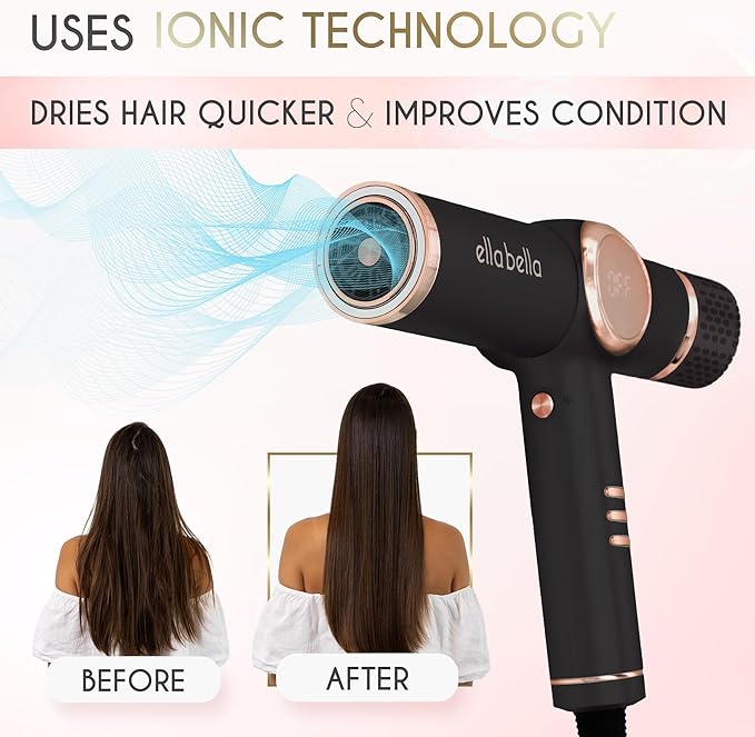 ELLA BELLA® Professional Ionic Hair Dryer with Diffuser • Dual Voltage Negative Ion Blow Dryer • Suitable All Hair Types • Intelligent Heat Control & Rapid Drying Speeds • Lightweight Design Low Noise