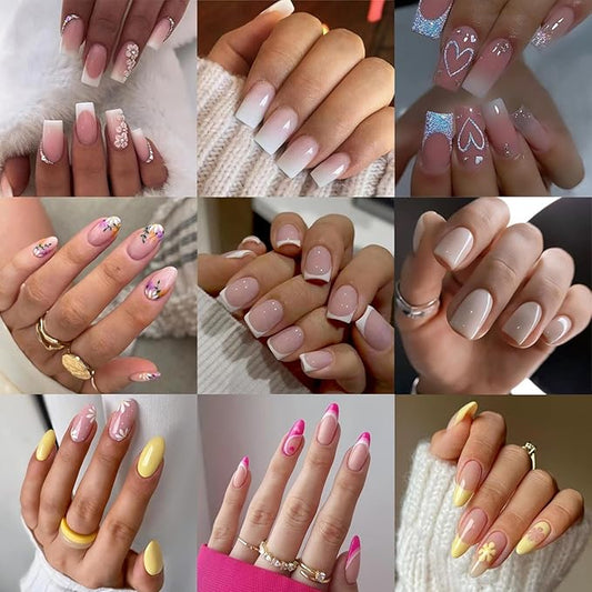 9 Packs (216 Pcs) Press-on Nails - Pink Gradient, Short French Tip, Almond, Glue-on Nails - 12 Sizes, 9 Styles