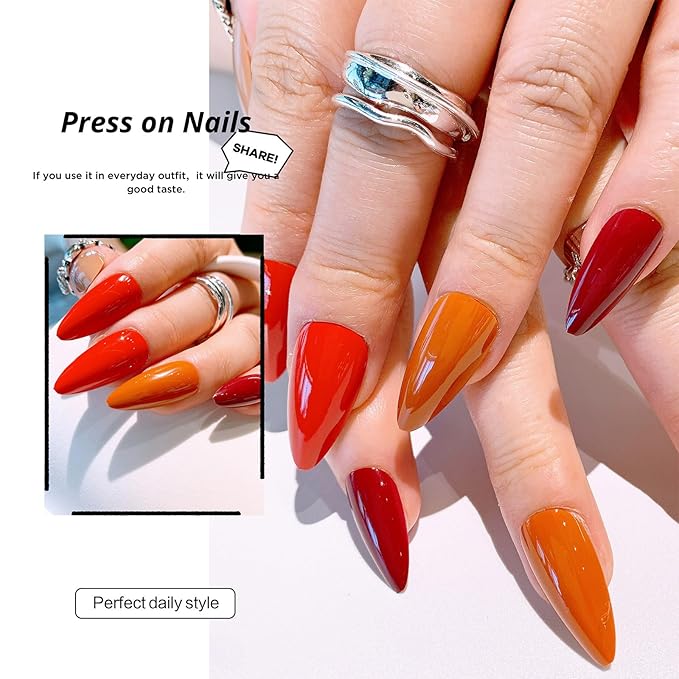 24 Pcs Press on Nails Short Almond Wine Red Gradually Changes Fake Nails Full Cover Opaque Reusable Acrylic Glue on Nails Removable Stick on Nails 12 Size Kit for Women Girls