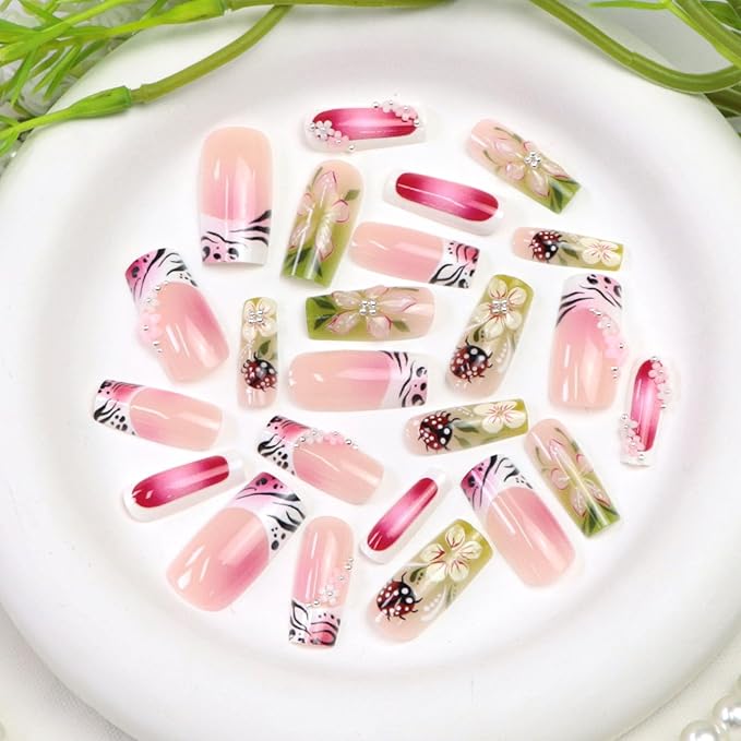 Medium Press on Nails Square Fake Nails with 3D Flower Pearl Designs White French Tip Nails Press ons Green Gradient Acrylic Nails for Women 24Pcs