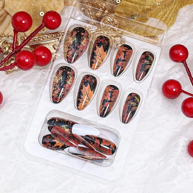 24Pcs Fall Press on Nails Medium Almond Fake Nails Maple Leaf False Nails Autumn Full Cover Acrylic Nail Maple Leaves Glue on Nails Reusable Thanksgiving Artificial Nail Supplies for Women