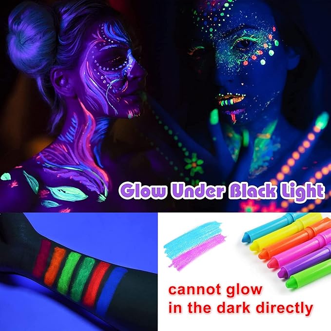 12 Pcs Glow in The Light Body Face Paint, Face Painting Kit, UV Crayons Kit Fluorescent Body Paints for Adults for Birthday Party Halloween Masquerade Makeup Outdoor for Kids