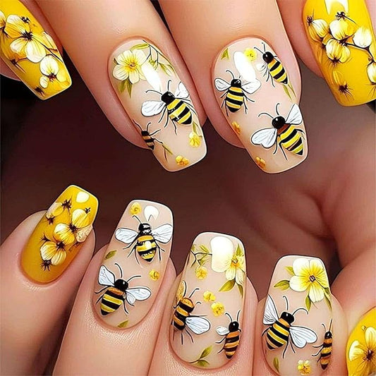 Short Press on Nail Coffin Fake Nails with Spring Pattern Design Yellow False Nails Cute Glue on Nails for Women and Girls 24pcs