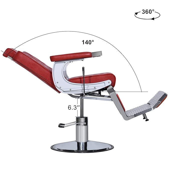 BarberPub Heavy Duty Metal Vintage Barber Chair All Purpose Hydraulic Recline Salon Beauty Spa Shampoo Equipment 3825 (Red with Red Stitches)
