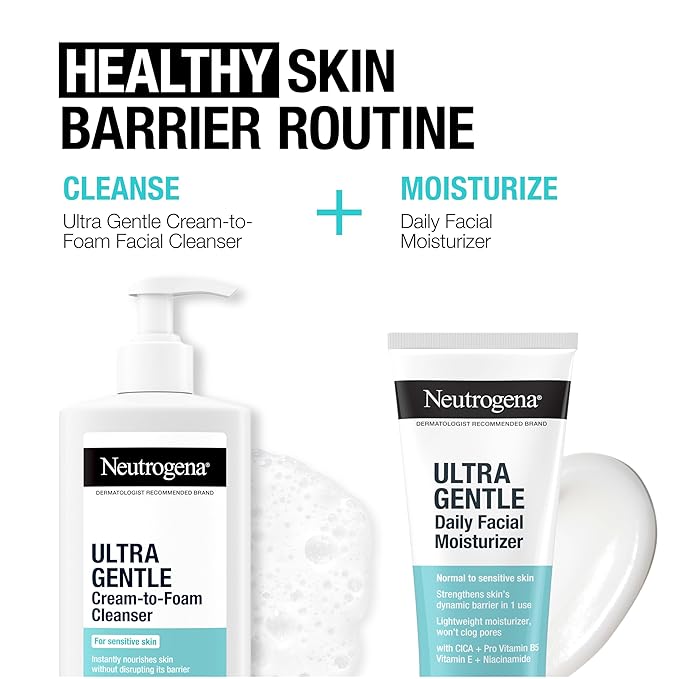 Neutrogena Ultra Gentle Cream-to-Foam Facial Cleanser, Transforms from a Creamy Cleanser to a Foaming Face Wash for Sensitive Skin, Fragrance-Free, Hypoallergenic, Non-Comedogenic, 12 oz