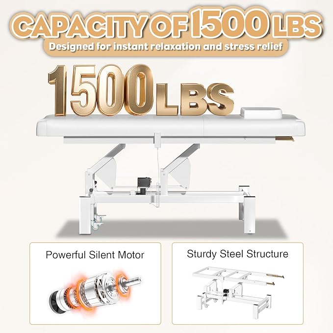 Electric Adjustable Backrest Massage Table for Esthetician, Heavy Duty Professional Electric Lift Massage Bed for Spa Treatment, Salon, Physical Therapy, Facial, Tattoo, Reiki, and Beauty, White
