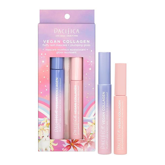 Pacifica Beauty Vegan Collagen Lash and Lip Kit Set, Makeup, Fluffy Lash Mascara, Long Lasting, Black Volumizing Mascara, Lip Gloss, Lip Serum, Lip Plumping, 0.24 fl oz and 0.19 fl oz (Set of 2)