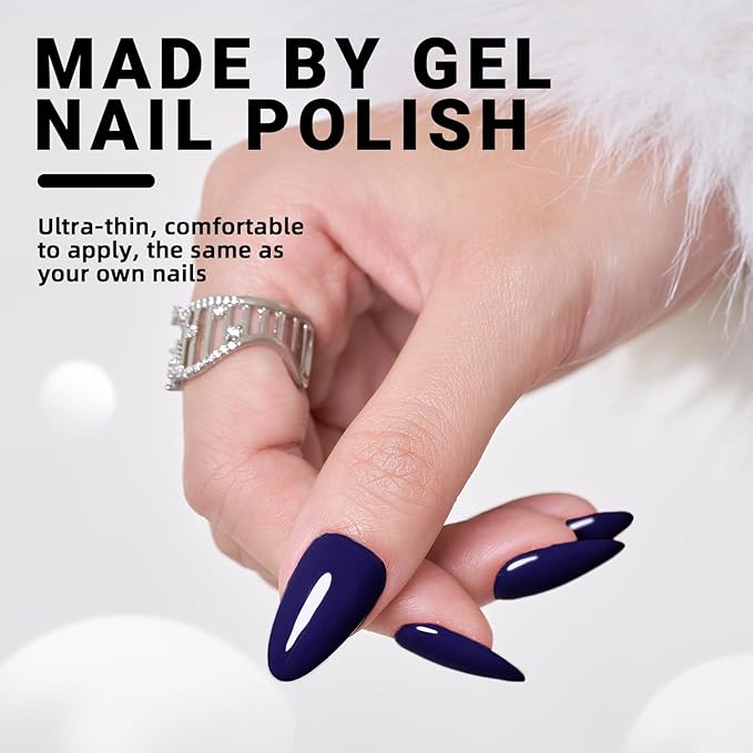 Purple Press on Nails Almond,Wooyas Medium Handmade Gel False Nails Eggplant Purple Color，Reusable Salon Perfect Fake Nails in 12 Sizes - 24Pcs Glue On Nails Kit for Women Gifts(INDIGO BLUE)