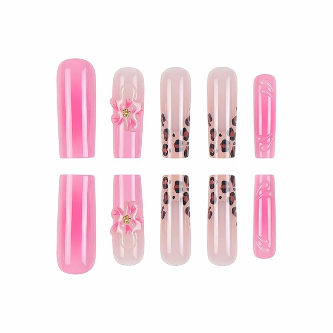 BABALAL Hot Pink Press on Nails Brown Cheetah French Tip Glue on Nails 3D Texture Flower Handmade Acrylic Nails Y2k Gyaru False nails 24Pcs Squoval Manicure Stick on Nails Full Cover Artificial Nails