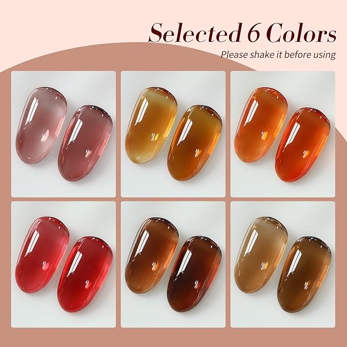 Born Pretty Fall Winter Jelly Gel Nail Polish Amber Crystal Transparent Brown Orange Red Blooming Marble Effects Gel Polish Nail Art Manicure DIY at Home and Salon 6PCS 7ML